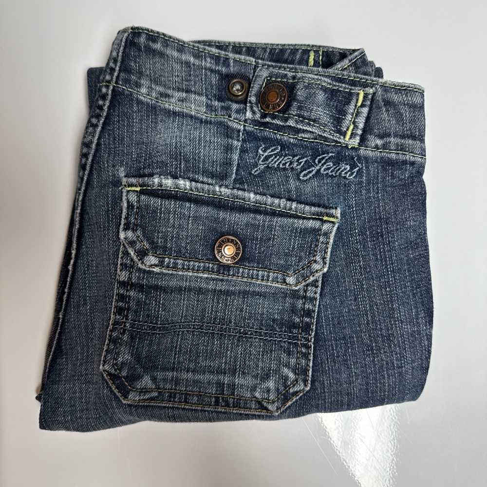 Guess Blue Distressed Denim Capris with Stylish Stitching and Buttons